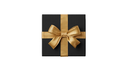 Elegant black gift box with satin gold ribbon and bow on black background