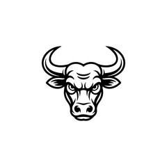 Fototapeta premium A fierce black and white vector logo of a bull or buffalo head with large horns, symbolizing strength, aggression, power, and a dominant force.