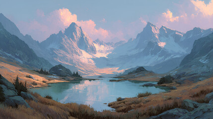 Majestic Snow-Capped Mountain Range with Reflective Lake and Vibrant Sky in Scenic Wilderness