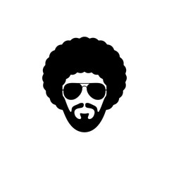 A cool black and white vector logo of a man's head with a large afro haircut, beard, and aviator sunglasses, symbolizing retro style, music, and coolness.