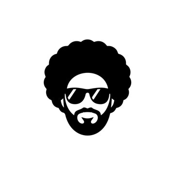 A cool black and white vector logo of a man's head with a large afro haircut, beard, and aviator sunglasses, symbolizing retro style, music, and coolness.