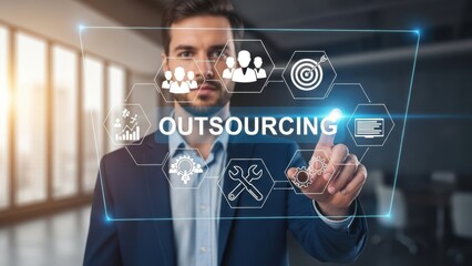 Business Outsourcing Strategy: Businessman touching digital interface with global team and service maintenance icons