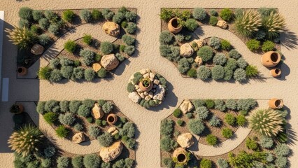 Aerial view of a modern desert garden with gravel paths, drought-tolerant plants, rocks and terracotta pots. Landscape design for sustainable outdoor living.