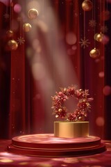 Festive Red and Gold Christmas Wreath on Stage