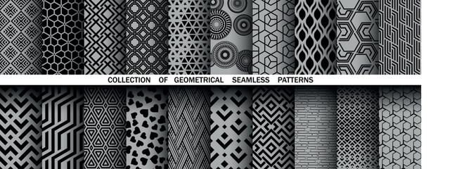 Geometric set of seamless black and gray patterns. Simple vector graphics