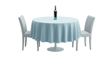 A round table set for two with a bottle and chairs