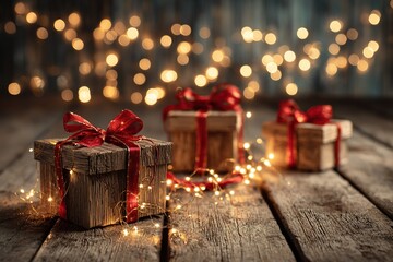 Festive Gift Boxes with Bokeh Lights on Wooden Table