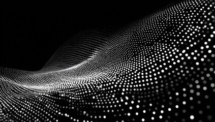 Abstract digital wave, composed of white glowing dots, on a black background, conveying depth