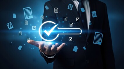 Verified Document Approval: Businessman holding glowing checkmark key icon with floating file symbols for legal record validation