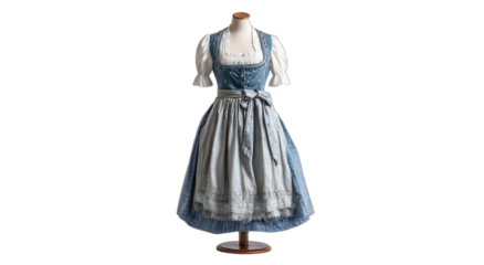 Traditional blue and white ruffled dress with white sleeves and apron
