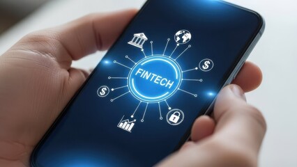 Fintech Mobile Solution: Hands holding smartphone with glowing financial network icons for digital banking and investment