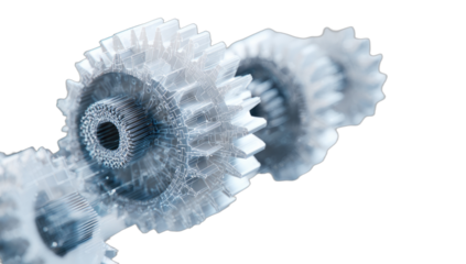 Close-up of interconnected, transparent mechanical gears on a black background