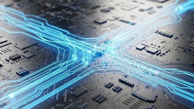 A close-up shows a computer chip. Glowing light streaks illuminate the circuitry, emphasizing technological innovation.

