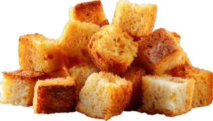 Pile of golden brown, crispy, cubed bread pieces, isolated on a black background