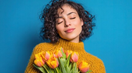 Blissful Bloom Embrace: A radiant young woman with a serene expression tenderly cradles a vibrant bouquet of fresh tulips, her eyes gently closed as she inhales the sweet fragrance.