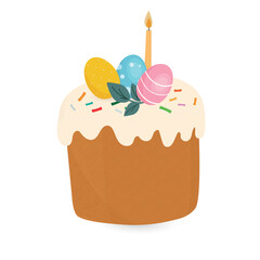 Easter Cake with Candle and Decorated Eggs. Festive Holiday Illustration