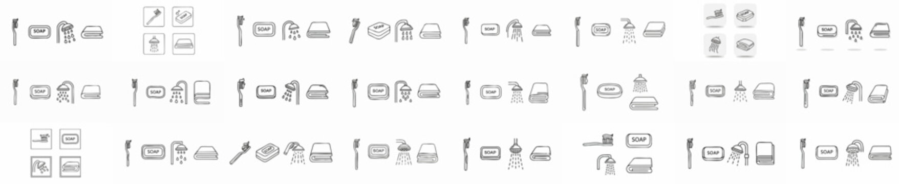 A collection of repeated line art icons representing essential hygiene and bathroom items: toothbrush, soap, shower, and towel, set against a white background.