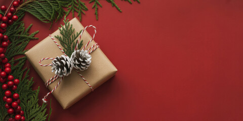 Christmas Gift Wrapped in Brown Paper with Pinecones on Red Background