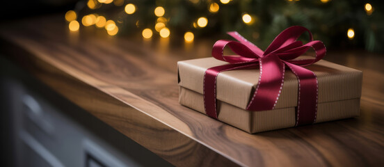 Christmas Gift Box with Red Ribbon on Wooden Table and Festive Lights