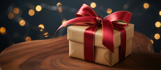 Christmas Gift Box with Red Ribbon on Wooden Table and Festive Lights