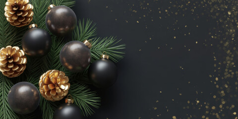 Elegant Black and Gold Christmas Ornaments with Pine Branches on Dark Background
