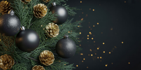 Elegant Black and Gold Christmas Ornaments with Pine Branches on Dark Background