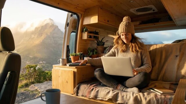 Woman on trip working remotely in camper van with mountain view. Digital nomad using portable computer on travel. Comfortable mobile office.