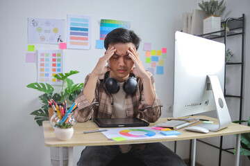 Stressed Graphic Designer With Headphones Around His Neck