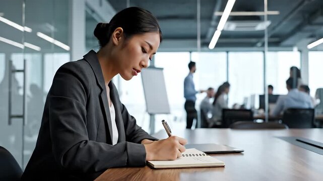 Woman in office writing on notepad
