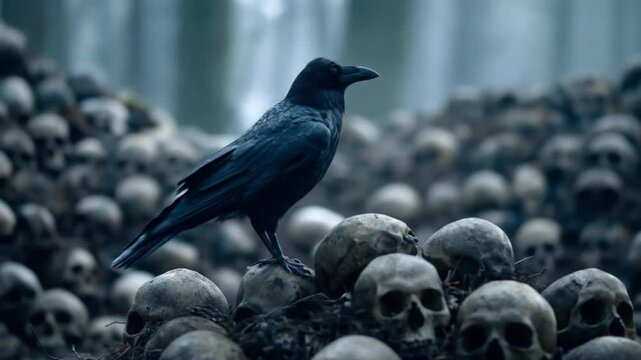 A lone crow perched atop a heap of skulls in a fogbound forest, somber, eerie, macabre omen gloom.!!