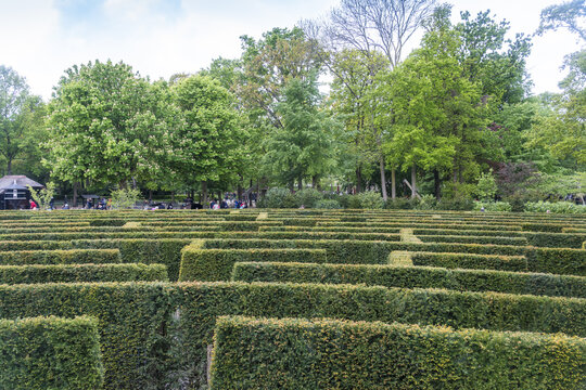Keukenhof, Netherlands - 06 May 2019: View of the intricate green hedge maze, inviting exploration amidst the lush park's vibrant trees and distant structures.