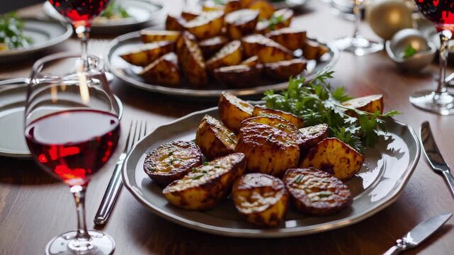 Festive dinner with delicious roasted potatoes. Tables set with elegant wine glasses, fresh herbs add flavor. Relaxing atmosphere perfect for gatherings.