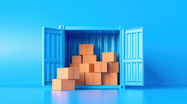 A bright blue shipping container stands open, revealing a neatly stacked pile of cardboard boxes inside, ready for transport and logistics operations.