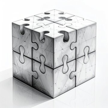 Puzzle cube made of eight interlocking puzzle pieces in grayscale