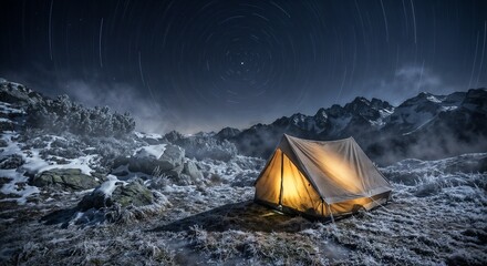 Stunning winter scene featuring a glowing camping tent under stars long exposure, with circular star trails over frozen mountain peaks and a frost-covered meadow at night