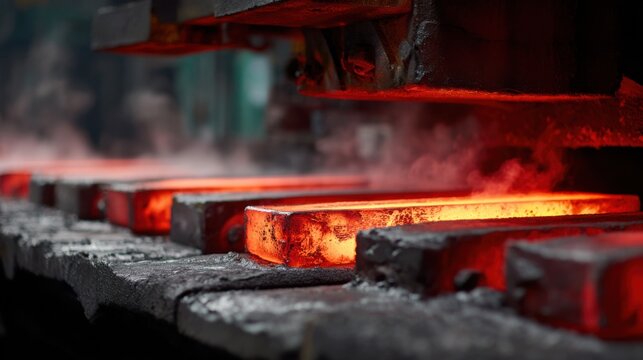Medium angle of billet casting operation focusing on the redhot iron billets being formed emphasizing the controlled cooling and shaping phase within a foundry.