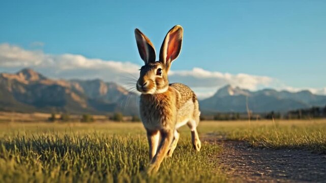 Brown Hare Leaping Across a Sunny Meadow with Majestic Mountain Range Backdrop, Wild Animal in Motion, Golden Hour Nature Photography