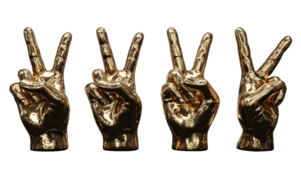 Four shiny golden hands making the peace sign