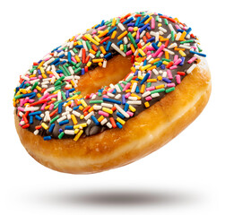 Sweet Chocolate glazed donuts with sprinkles floating on white background, Delicious colorful Chocolate donuts isolated on white background With clipping path.