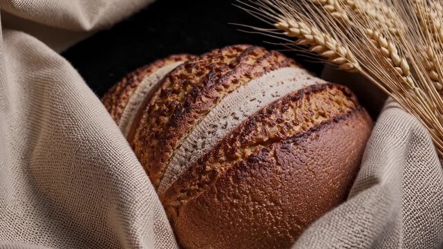 Freshly baked artisan bread with golden crust, wrapped in soft cloth. Natural wheat grains enhance rustic atmosphere. Perfect for culinary, baking, and food marketing.