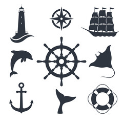 Maritime graphic symbols set. Signs of nautical topic isolated on white background. Vector illustration
