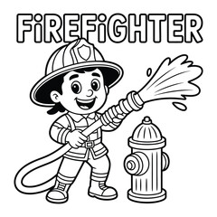 Fototapeta premium Cartoon Firefighter Illustration, Coloring Pages and Educational Design, Fire Safety Learning Material, Children Activity Sheet, Safety Awareness Character, Fun and Engaging Graphic Artwork.