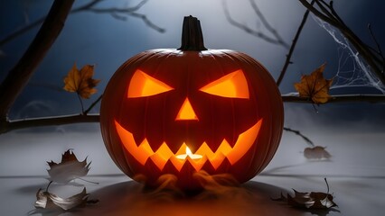 Glowing halloween pumpkin jack o lantern in dark forest creating spooky night mood
