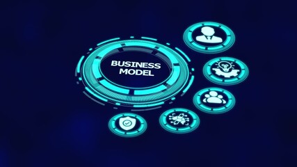 Business model strategy with digital dashboard interface, revenue structure icons and corporate growth planning visualization.