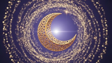 Decorative golden crescent moon with stars creating elegant islamic night background