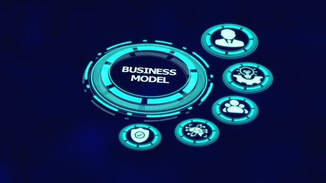 Business model strategy with digital dashboard interface, revenue structure icons and corporate growth planning visualization.