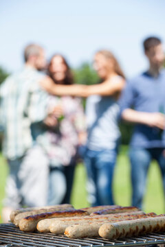 Barbecue sausages grilling outdoors at a social gathering in Munich