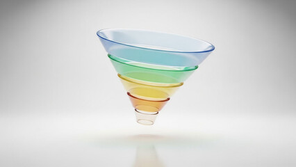 Vibrant glass funnel with colorful layers on white background