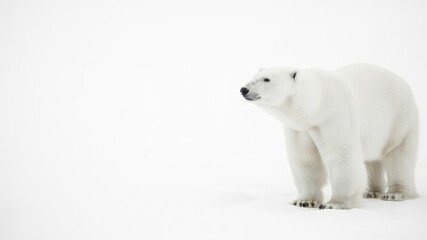 Fototapeta premium White polar bear on pure white snow background, high key photography. AI generated.