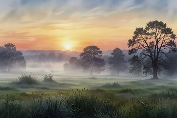 Obraz premium Morning fog rolling over a peaceful landscape